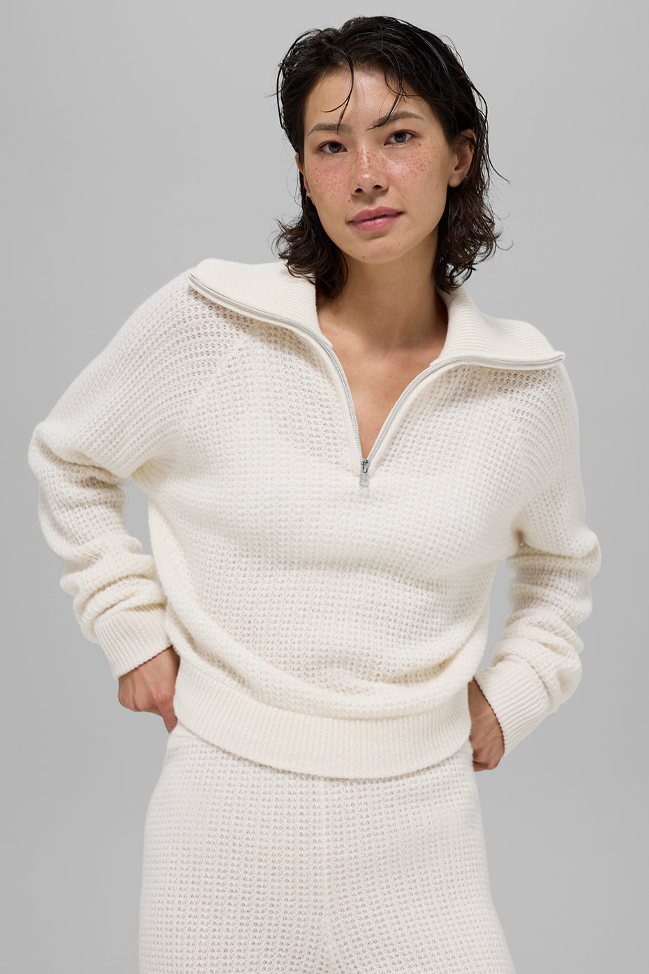 Pull Zippé 1/4 En Cachemire Plush Waffle - Ivory