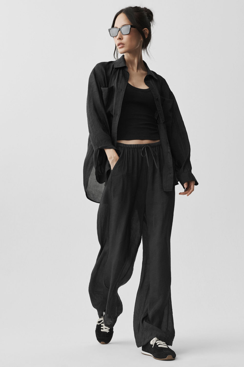 Pantalon Taille Haute Coupe Droite Semi-Transparent Golden Hour - Noir