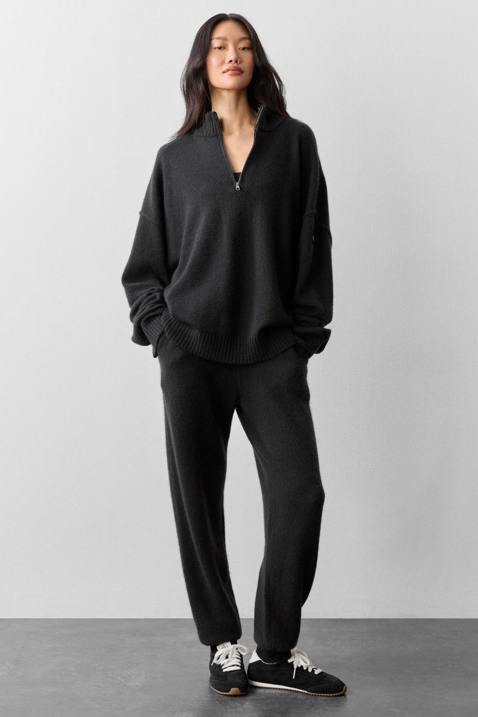Pull zippé New Class 1/4 en laine et cachemire - Noir
