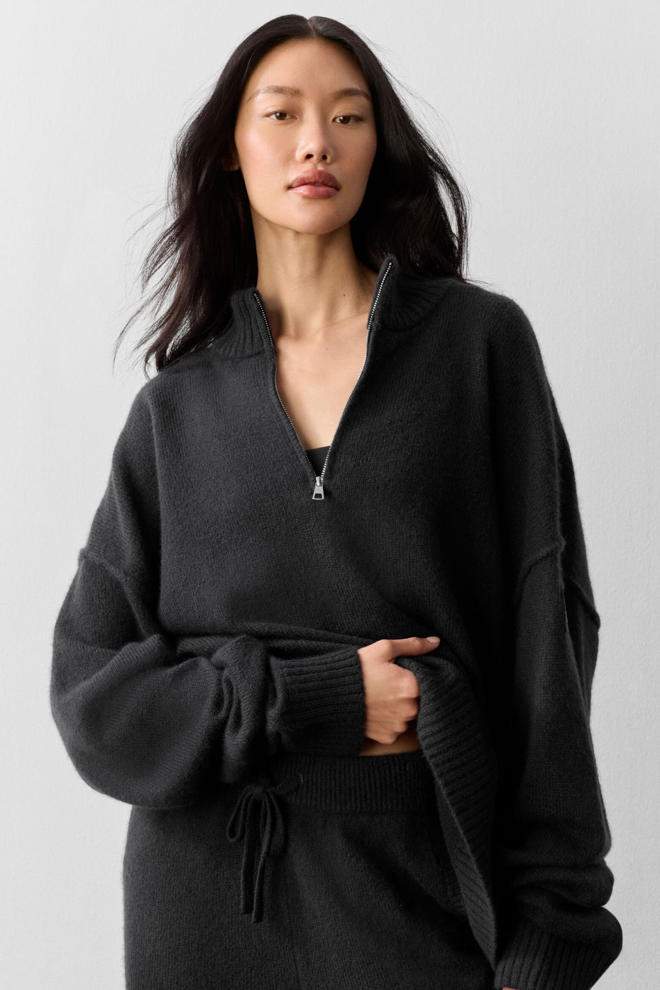 Pull zippé New Class 1/4 en laine et cachemire - Noir
