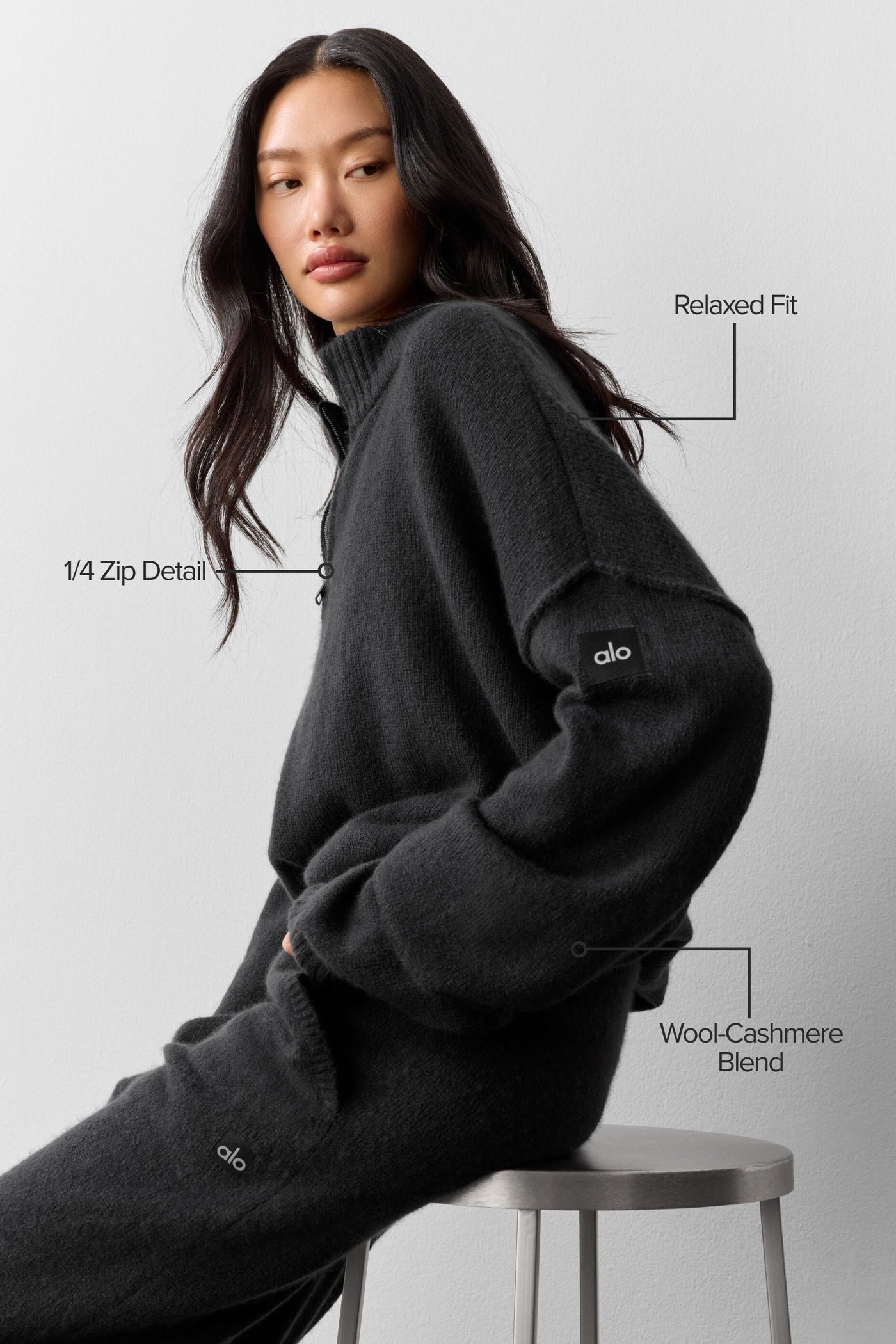 Pull zippé New Class 1/4 en laine et cachemire - Noir