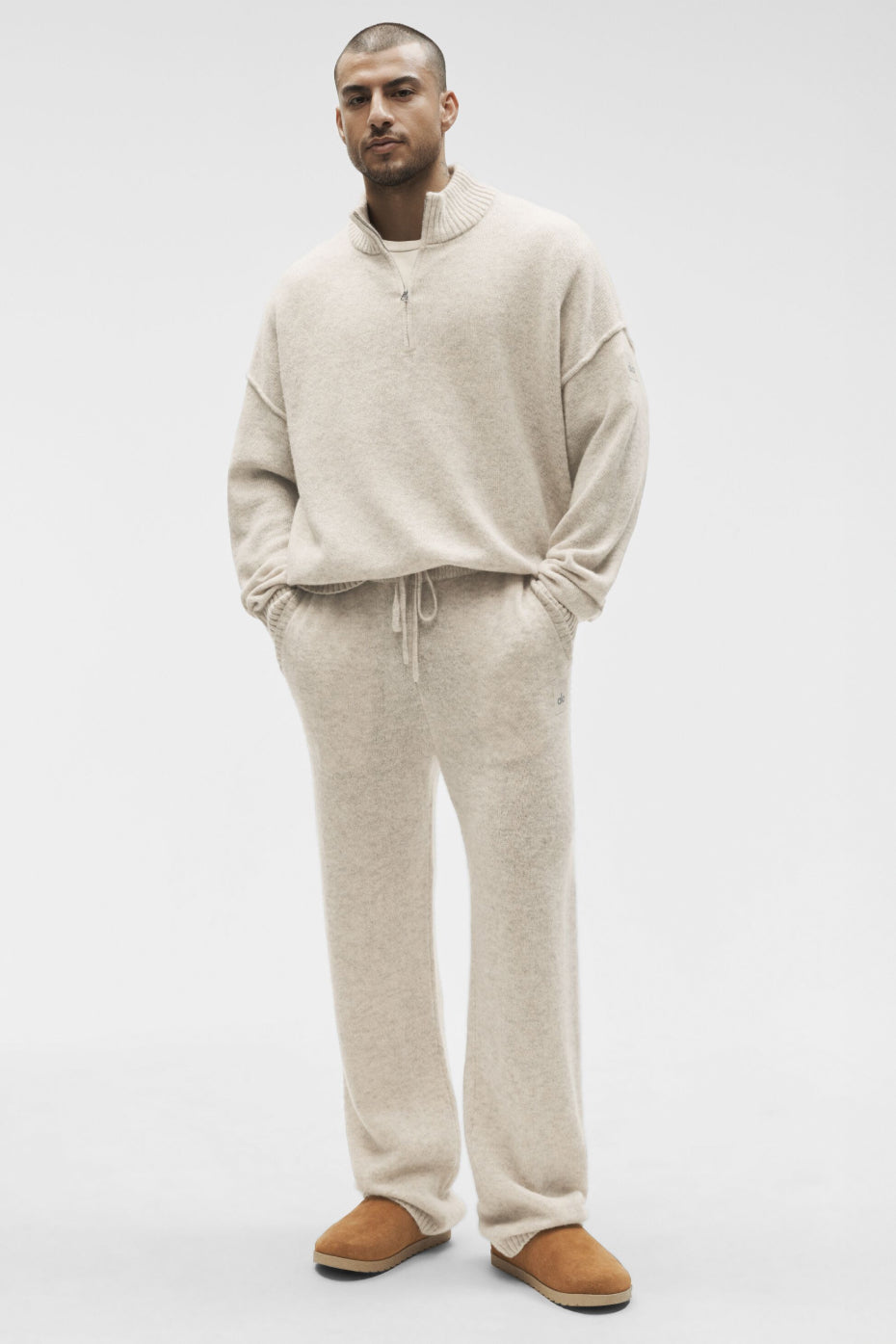 Pull zippé de nouvelle classe 1/4 en laine et cachemire - Oatmeal Heather