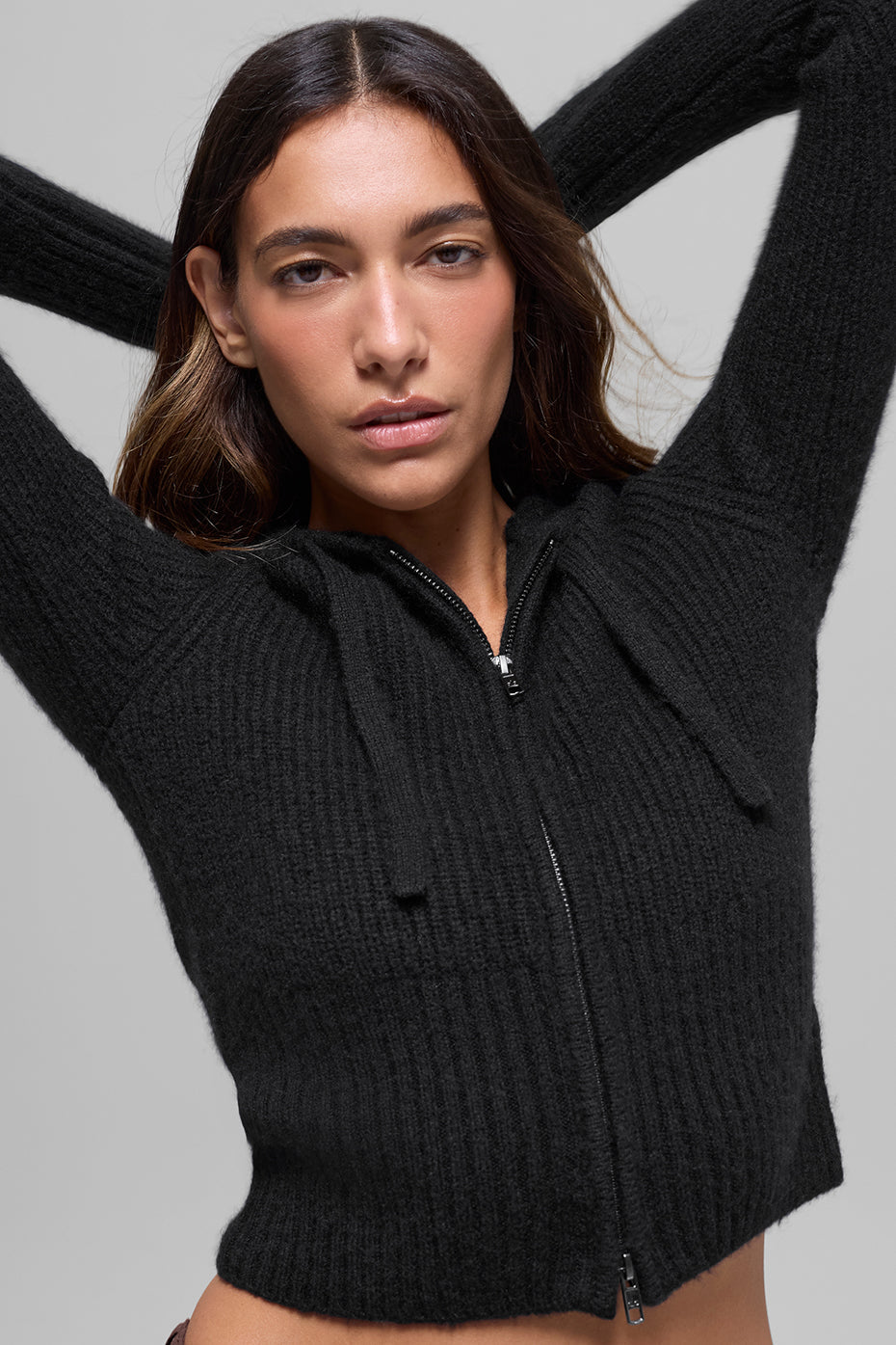 Sweat À Capuche Zippé En Laine Et Cachemire Côtelé Noble - Noir