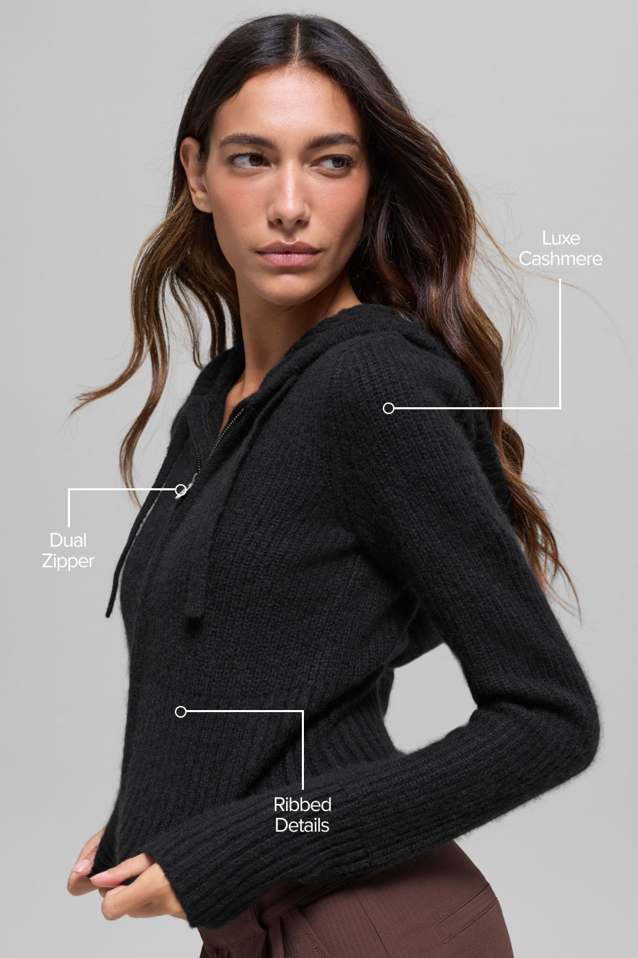 Sweat À Capuche Zippé En Laine Et Cachemire Côtelé Noble - Noir