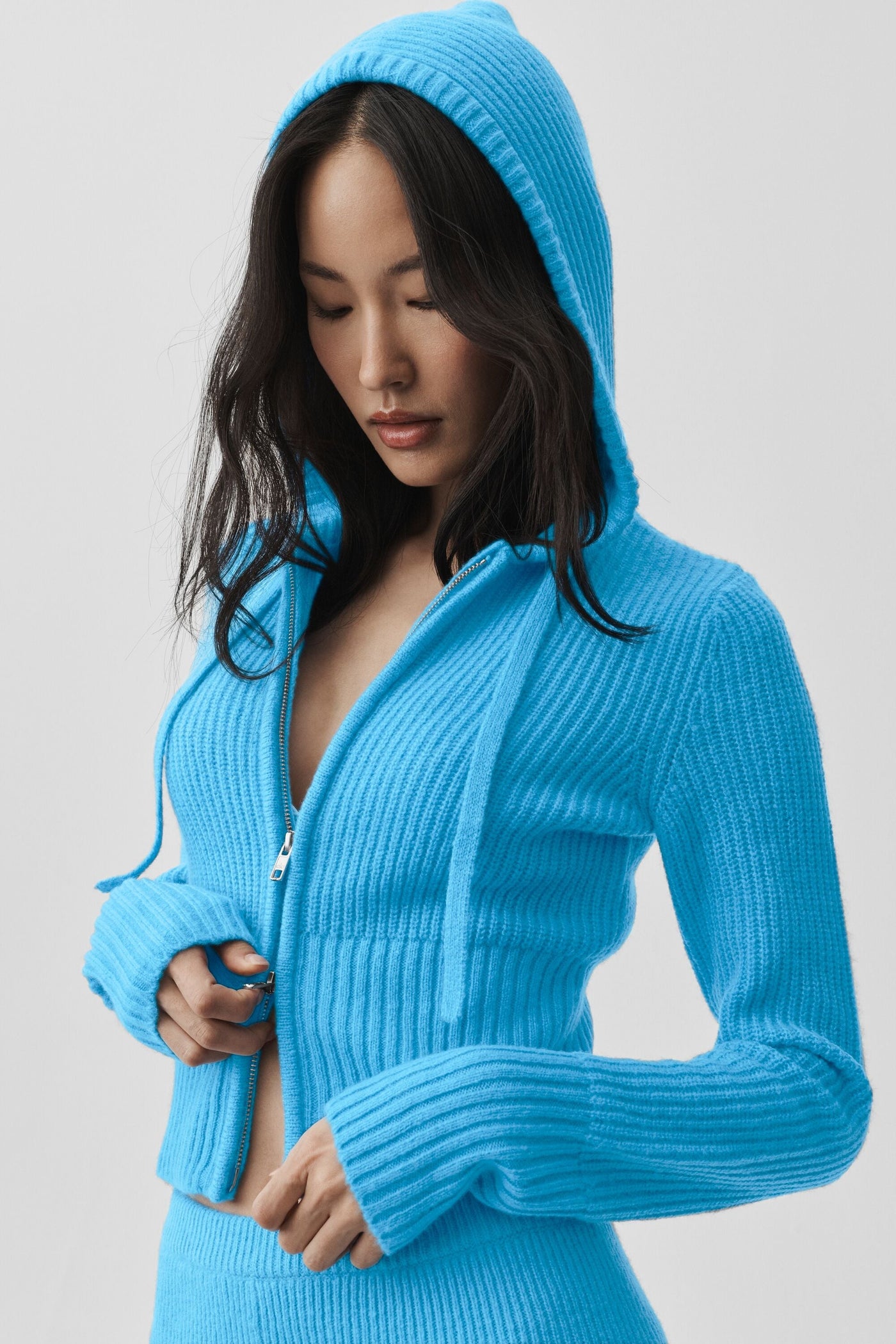 Sweat À Capuche Zippé En Laine Et Cachemire Côtelé Noble - Azure Blue