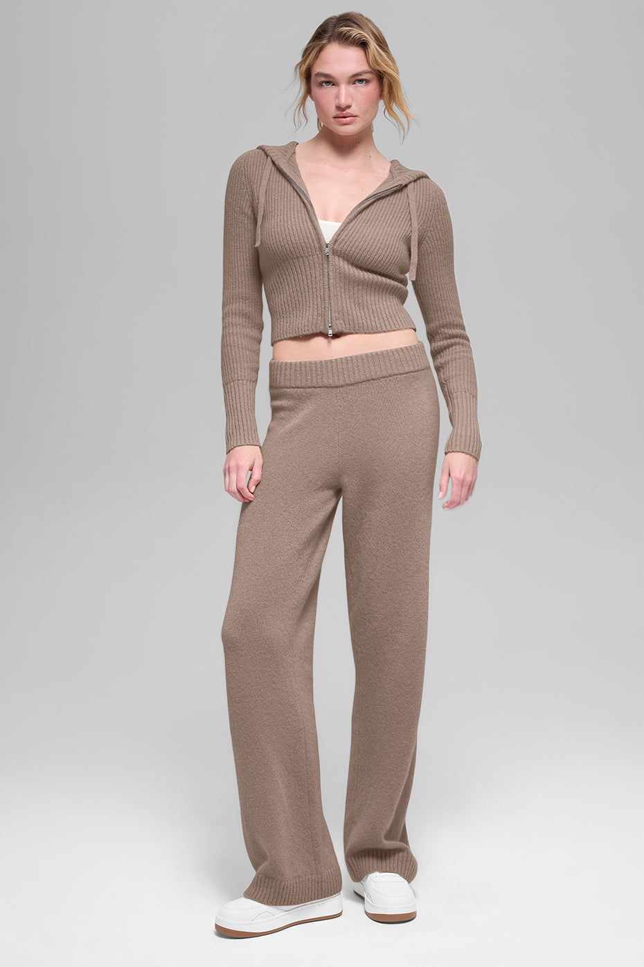 Sweat À Capuche Zippé En Laine Et Cachemire Côtelé Noble - Chai Latte