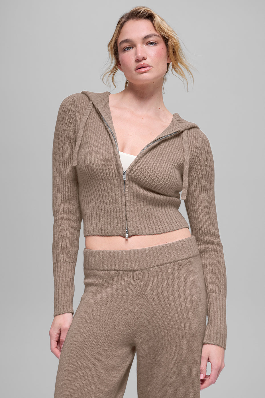 Sweat À Capuche Zippé En Laine Et Cachemire Côtelé Noble - Chai Latte