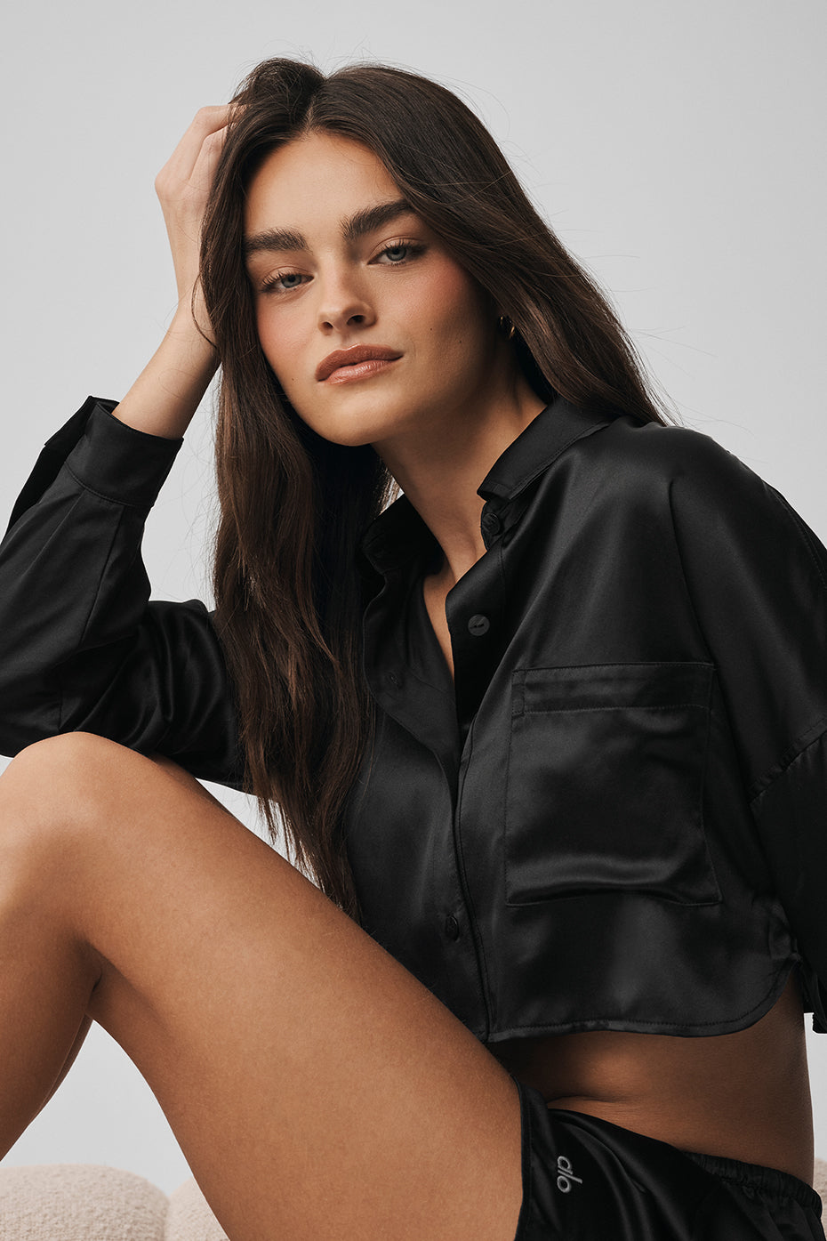 Chemise Courte Boutonnée À Manches Longues En Soie Luminous - Noir