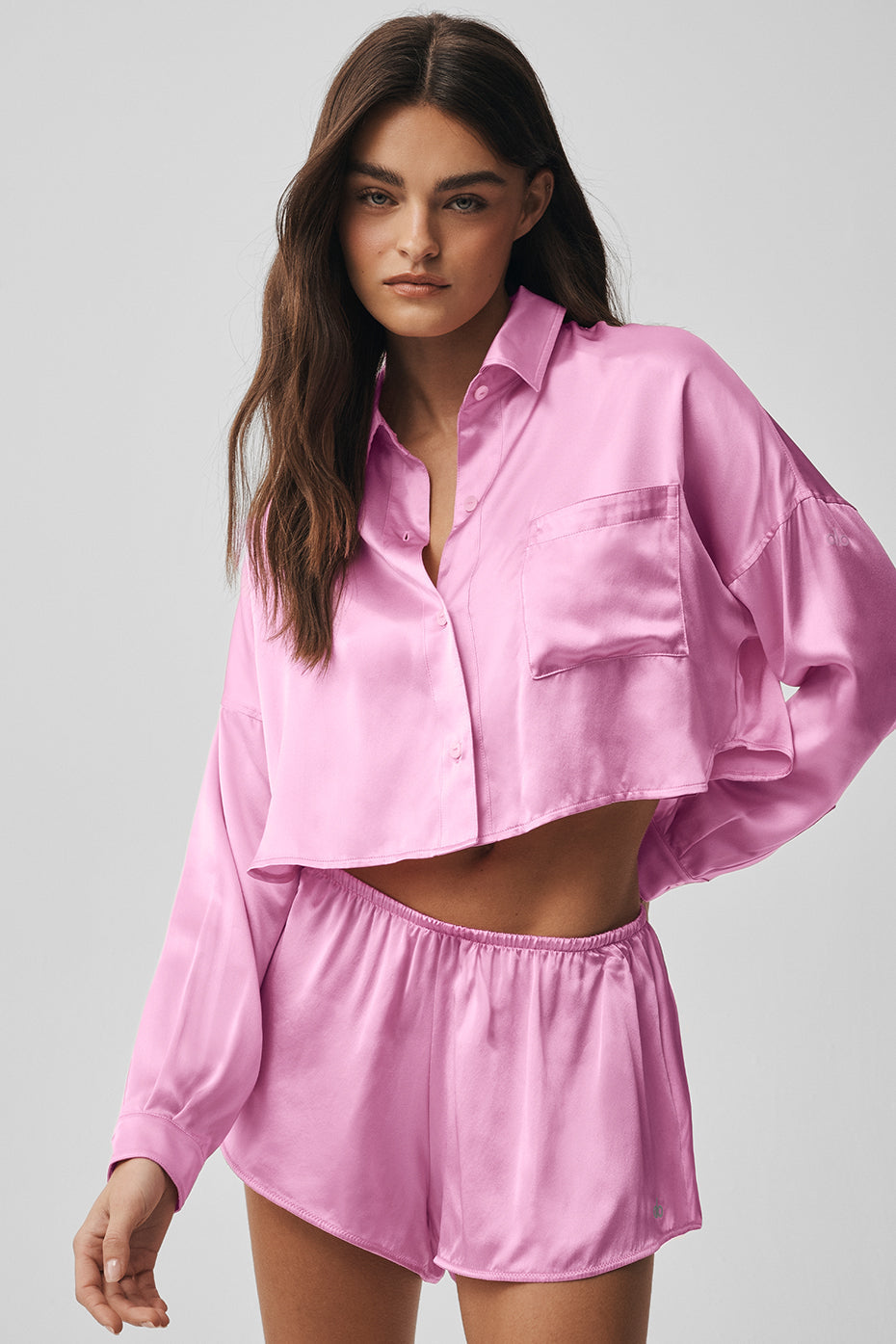 Chemise Courte Boutonnée À Manches Longues En Soie Luminous - Candy Heart Pink