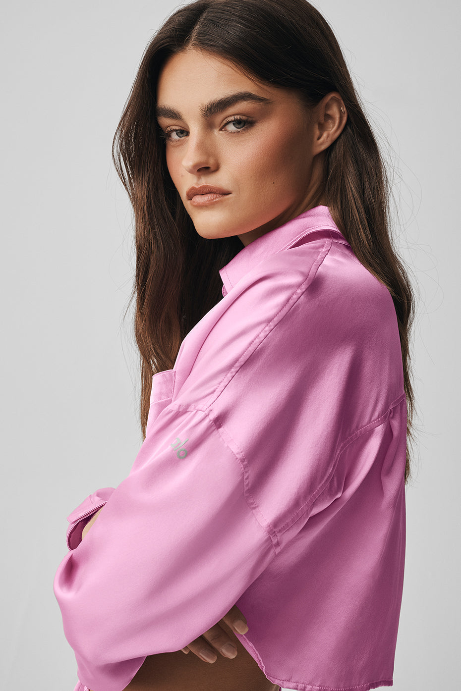 Chemise Courte Boutonnée À Manches Longues En Soie Luminous - Candy Heart Pink
