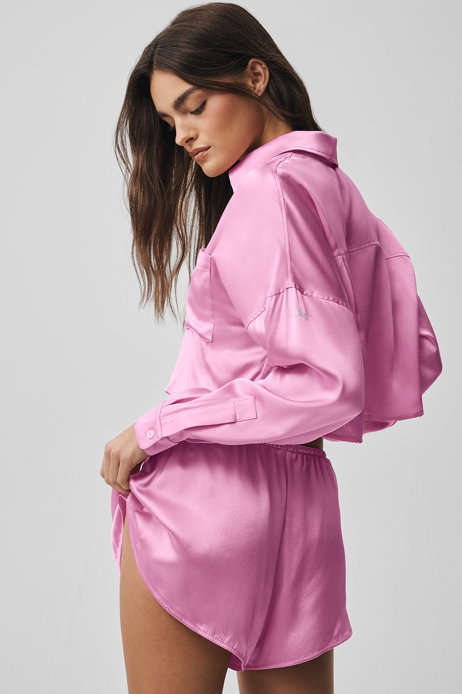 Chemise Courte Boutonnée À Manches Longues En Soie Luminous - Candy Heart Pink