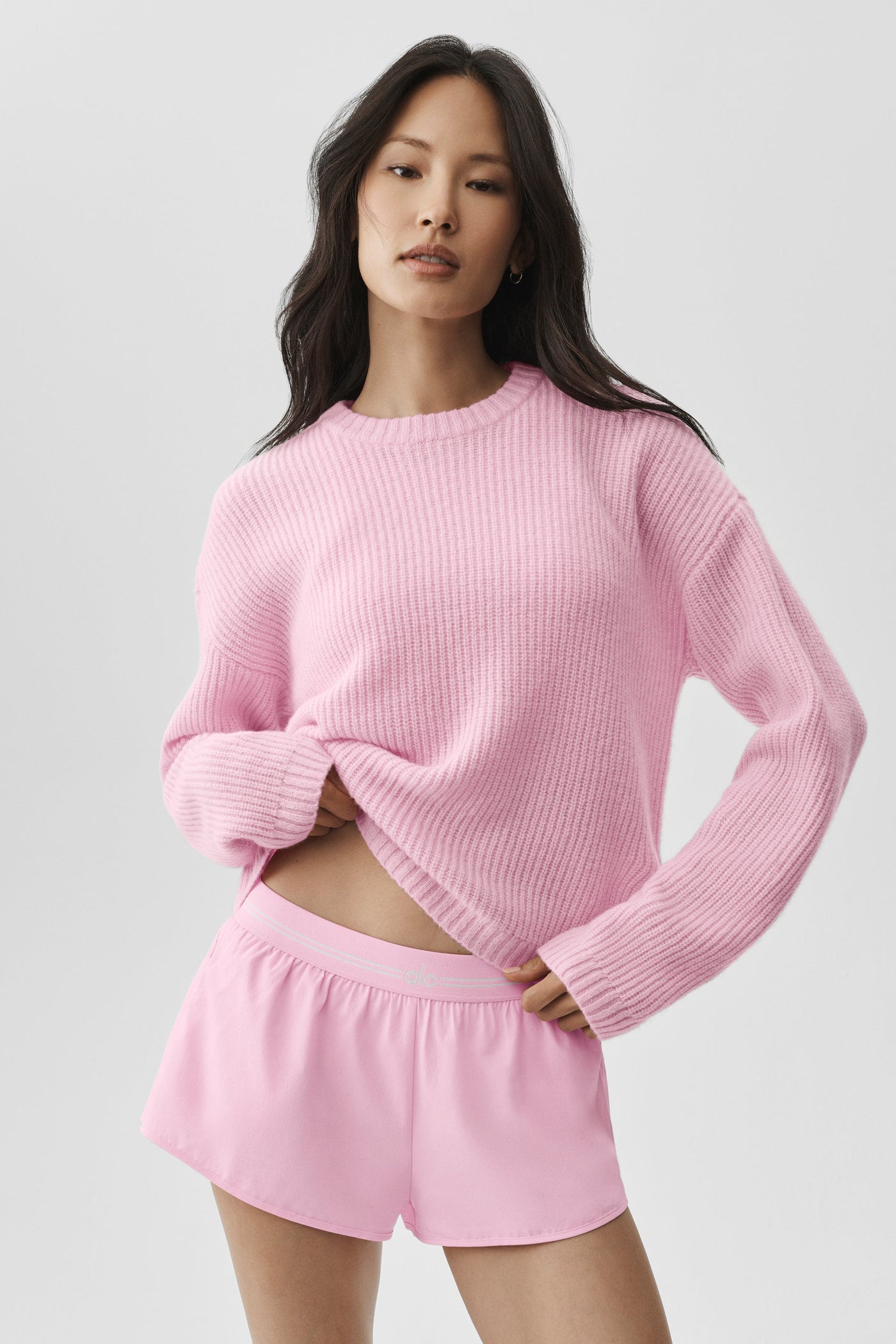 Pull à col rond en laine et cachemire côtelés Noble - Guimauve rose