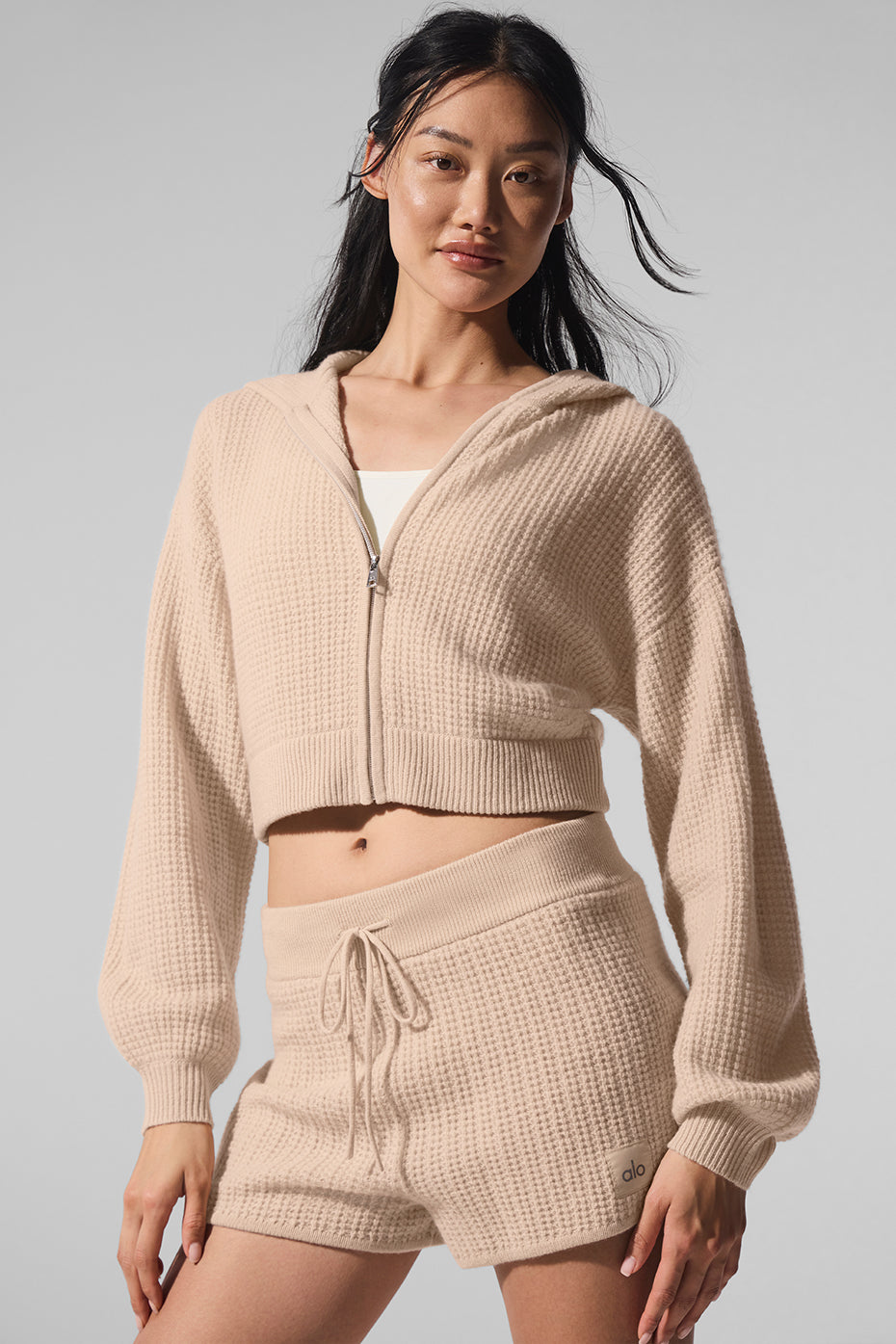Sweat À Capuche Zippé En Cachemire Plush Waffle - Macadamia Blush
