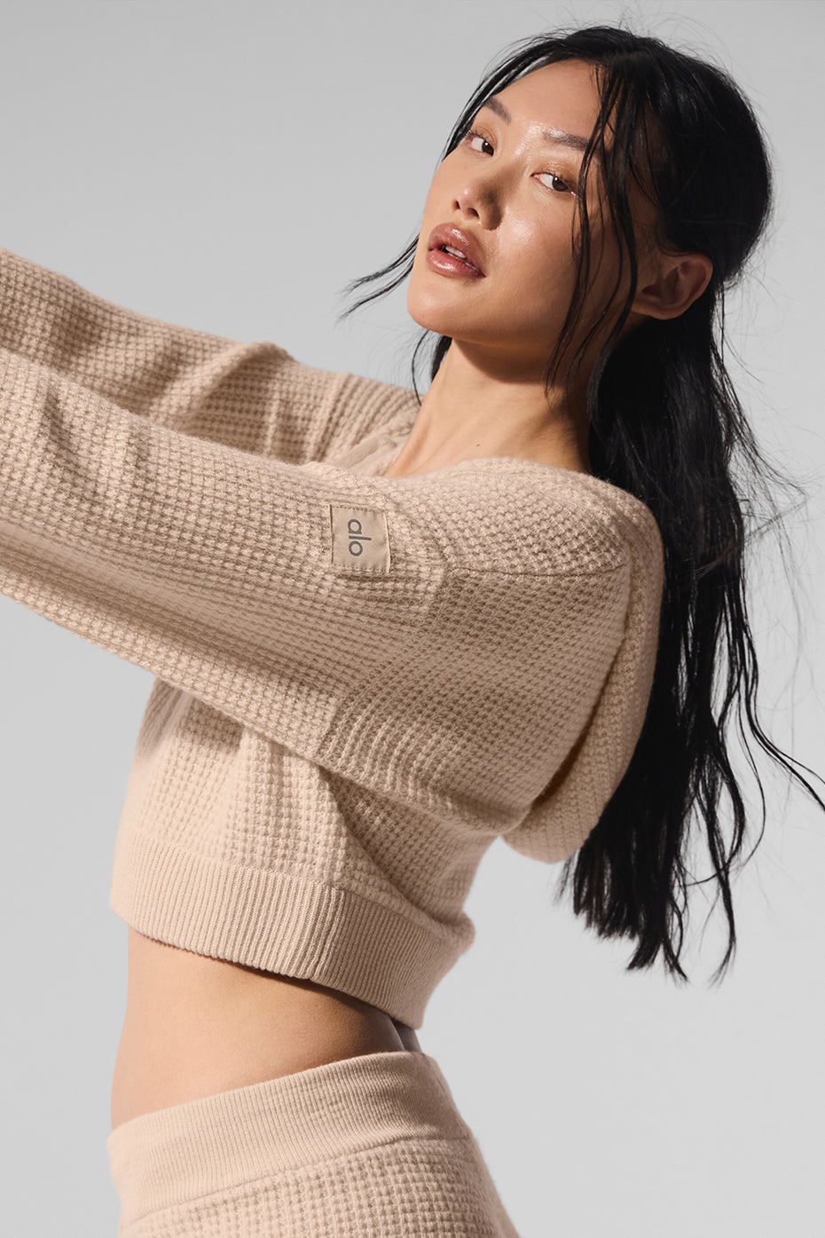 Sweat À Capuche Zippé En Cachemire Plush Waffle - Macadamia Blush