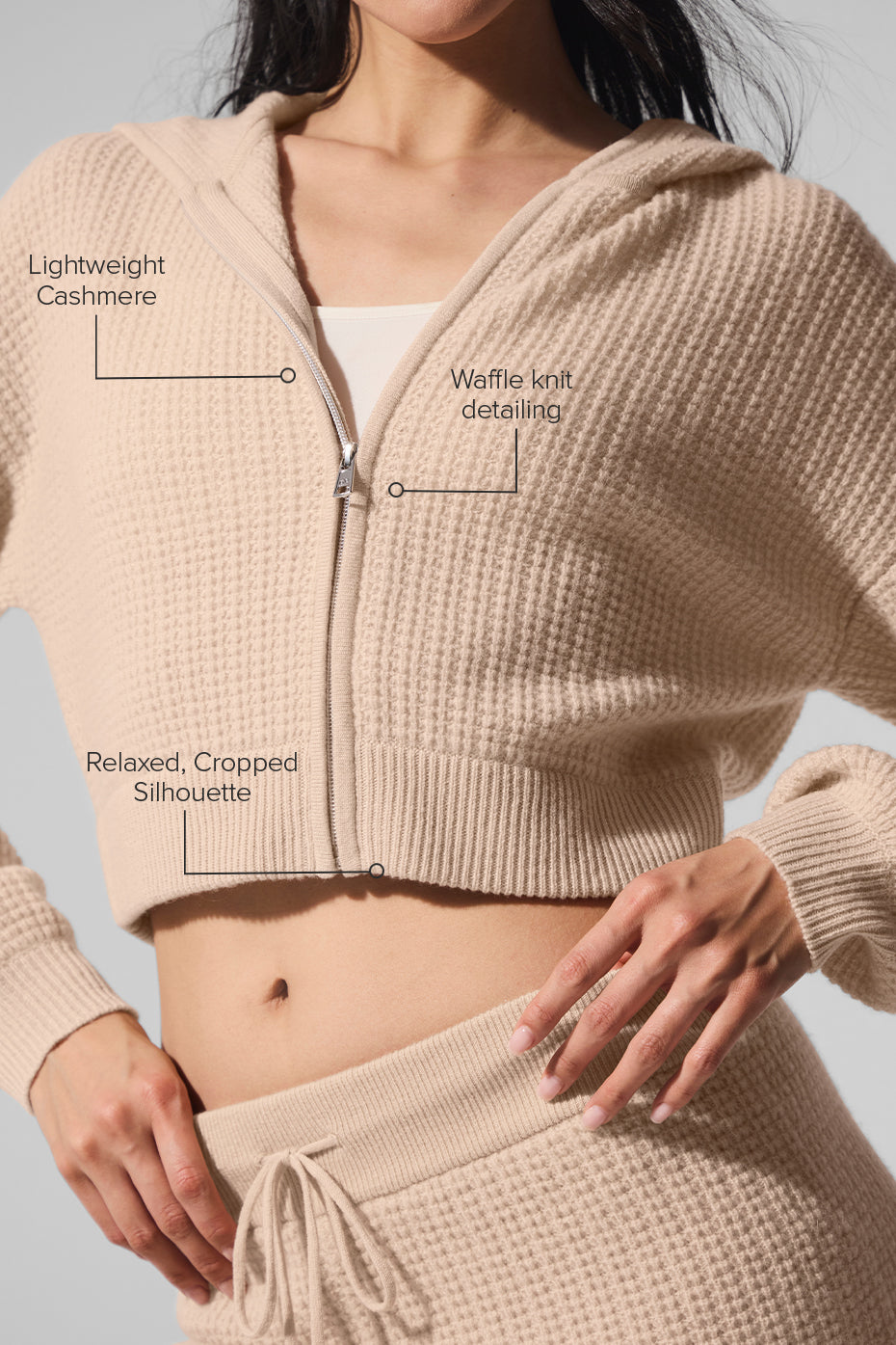 Sweat À Capuche Zippé En Cachemire Plush Waffle - Macadamia Blush