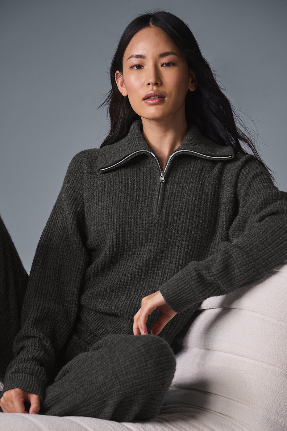 Pull à fermeture éclair Waffle 1/4 en cachemire duveteux - Gris chiné foncé