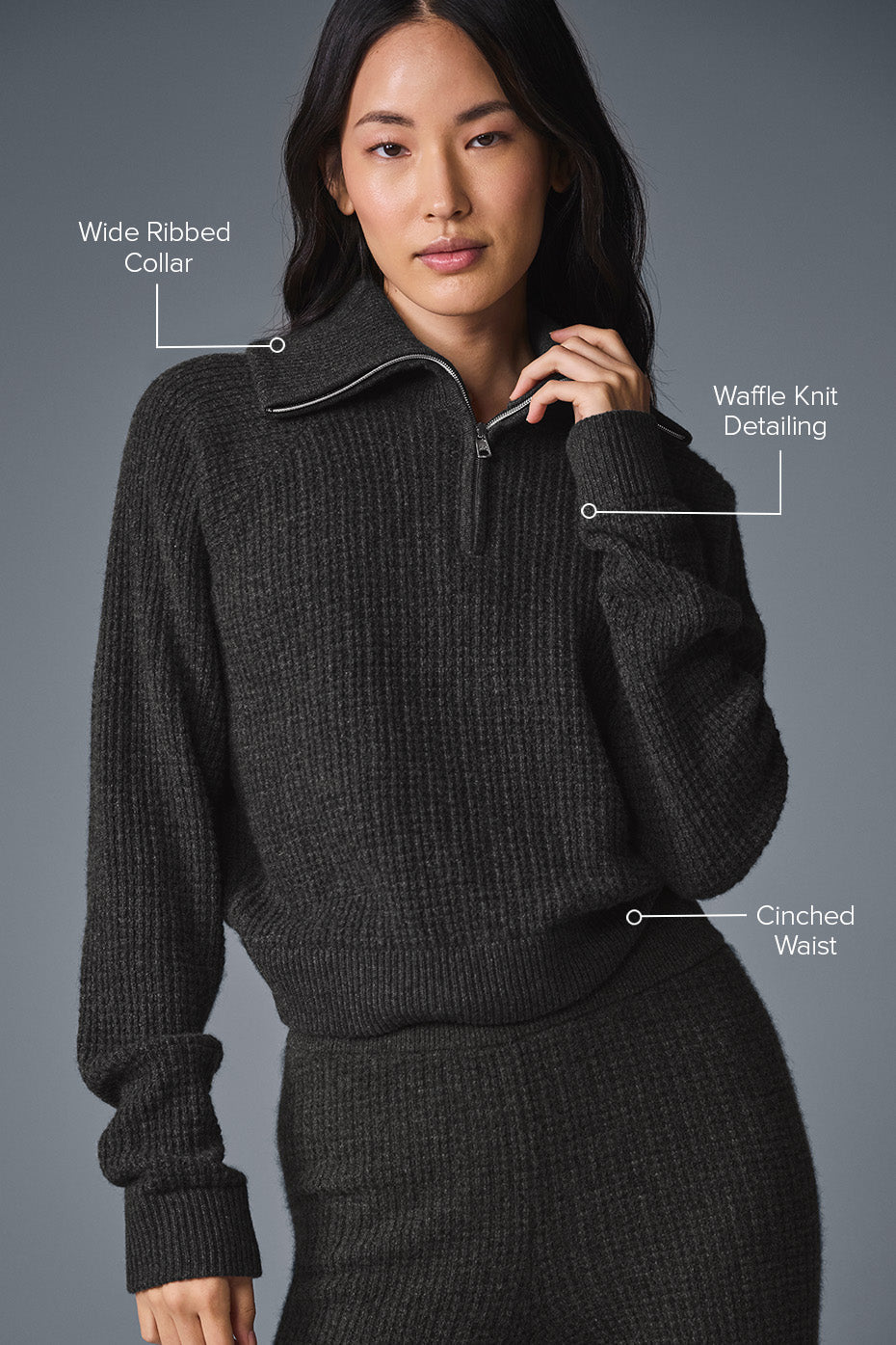 Pull à fermeture éclair Waffle 1/4 en cachemire duveteux - Gris chiné foncé