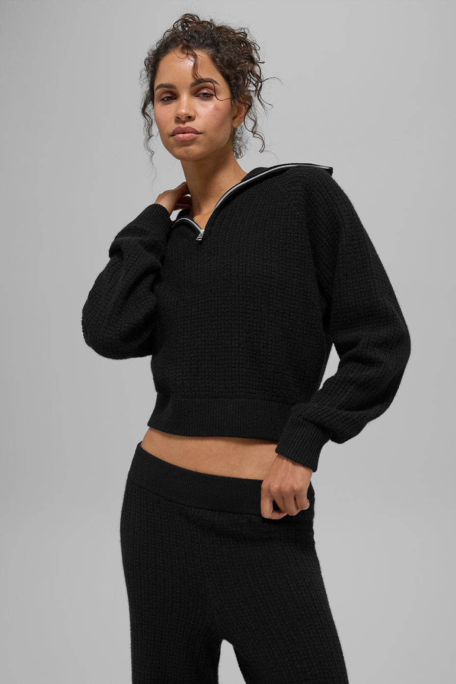 Pull Zippé 1/4 En Cachemire Plush Waffle - Noir