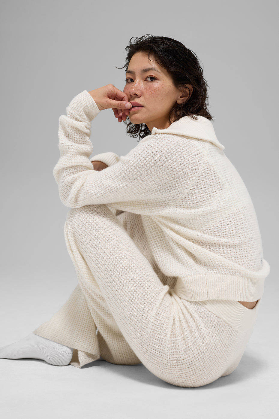 Pull Zippé 1/4 En Cachemire Plush Waffle - Ivory