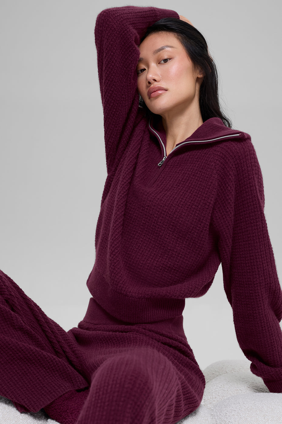 Pull à fermeture éclair Waffle 1/4 en cachemire peluche - Bordeaux