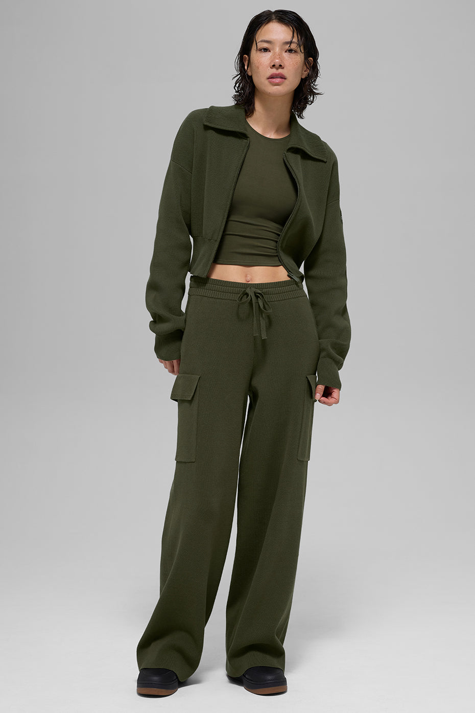 Veste Courte Zippée Scholar Knit - Green Olive