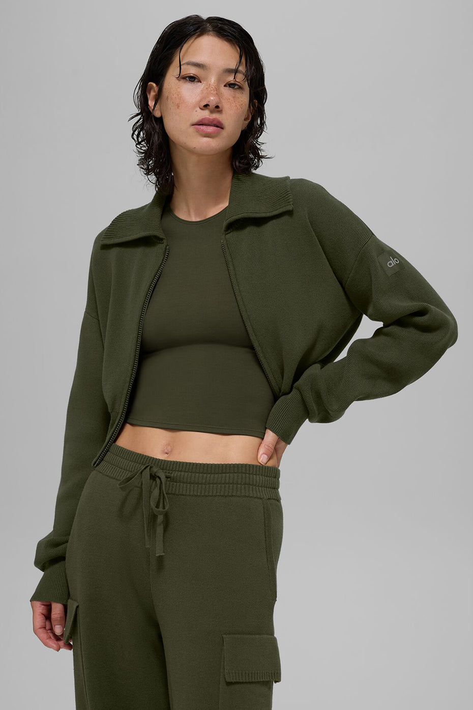 Veste Courte Zippée Scholar Knit - Green Olive