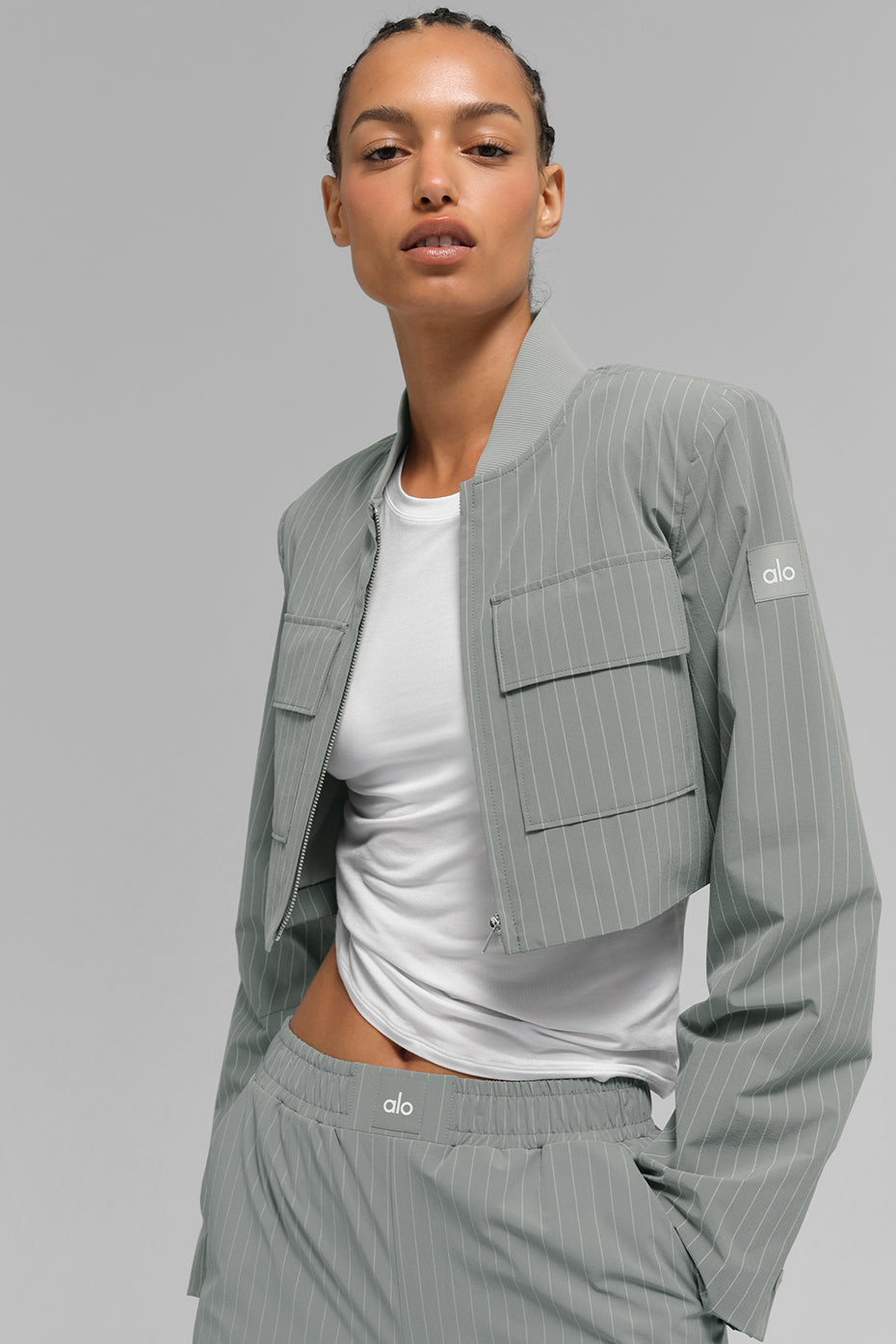 Veste Zippée Courte À Fines Rayures Main Character - Lunar Grey/Blanc