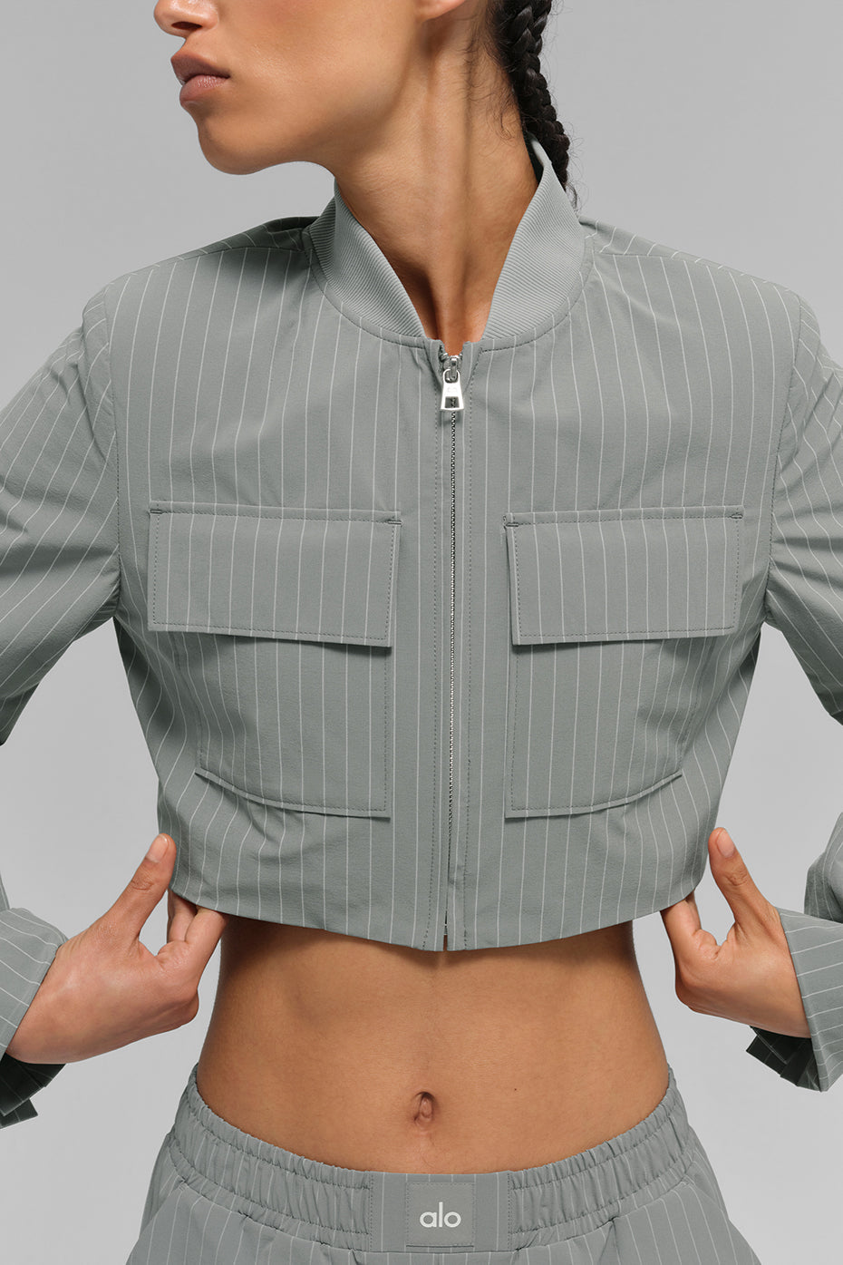 Veste Zippée Courte À Fines Rayures Main Character - Lunar Grey/Blanc