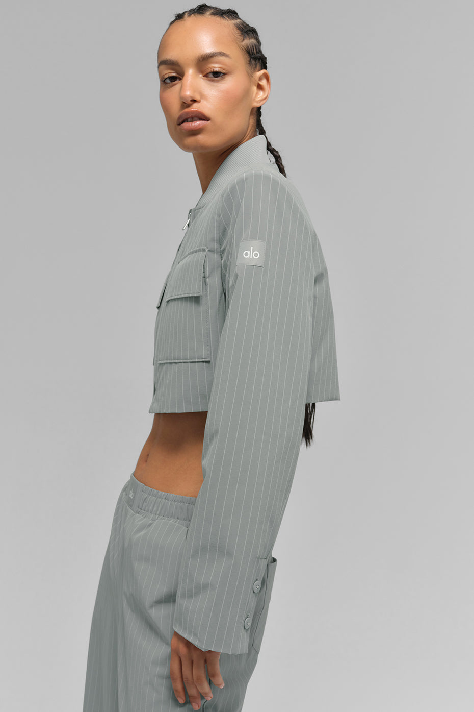 Veste Zippée Courte À Fines Rayures Main Character - Lunar Grey/Blanc