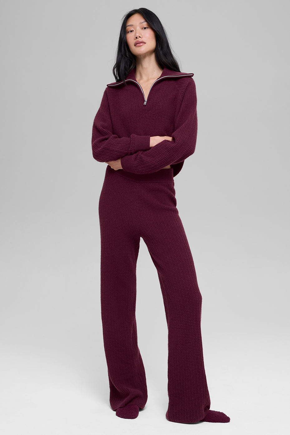 Pantalon Taille Haute En Cachemire Plush Waffle - Bordeaux