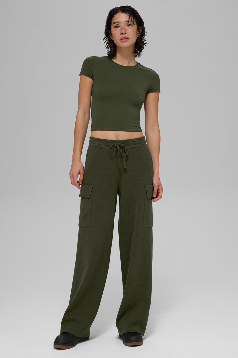 Pantalon Cargo Taille Haute Scholar Knit - Green Olive