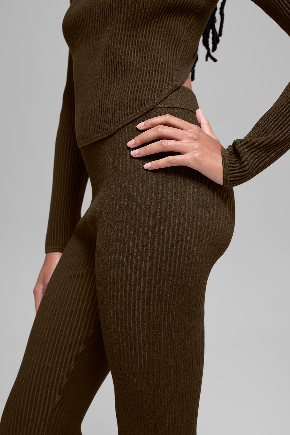 Pantalon Évasé Taille Haute En Maille Denim - Espresso/Noir