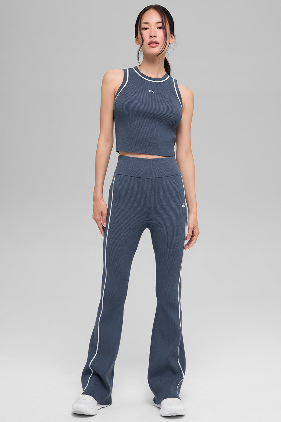 Pantalon Évasé En Maille Côtelée Highline - Bluestone/Blanc