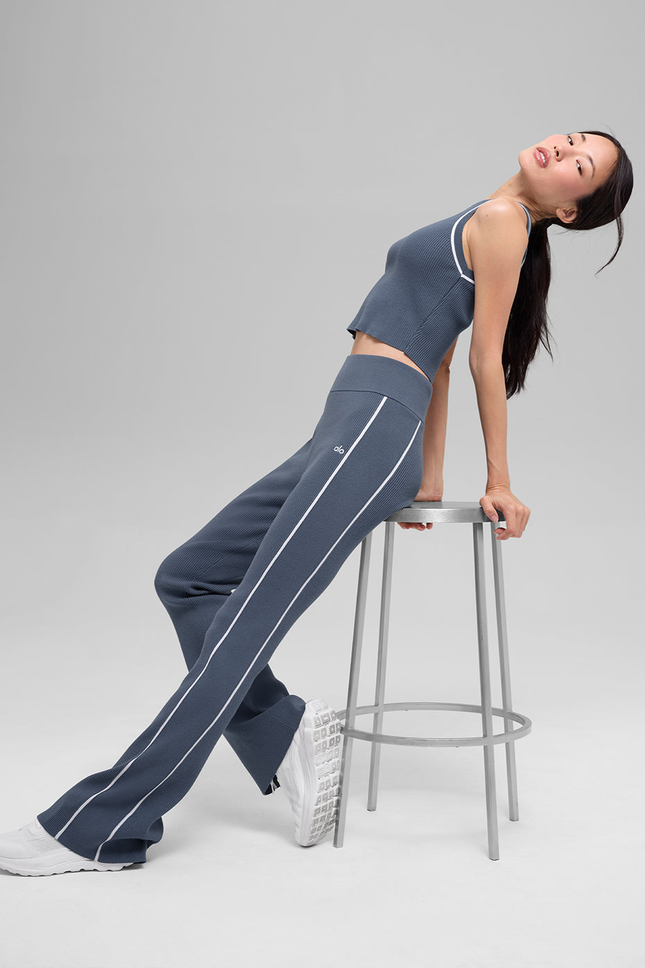 Pantalon Évasé En Maille Côtelée Highline - Bluestone/Blanc