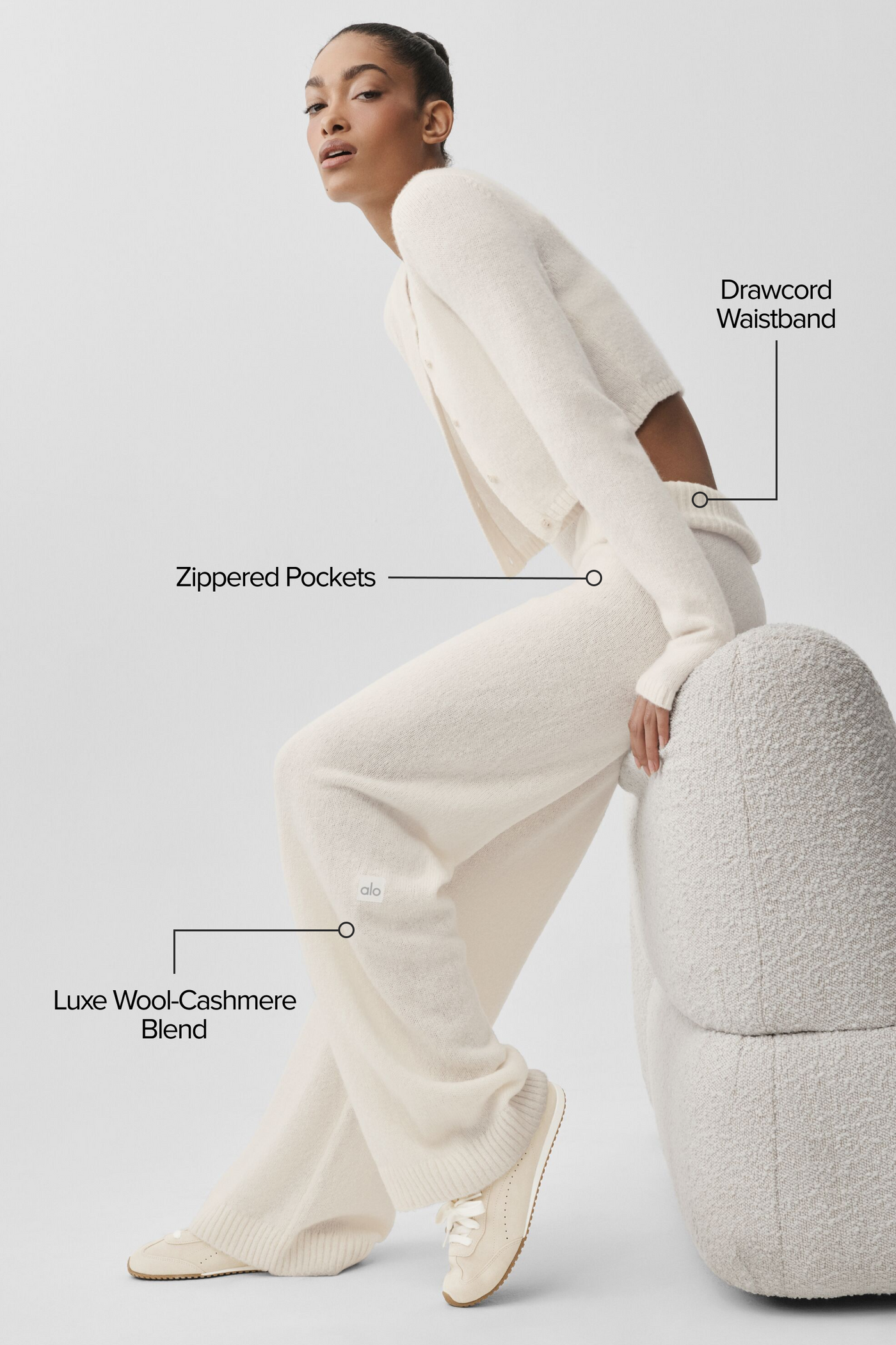 Pantalon Ample Taille Haute En Laine Et Cachemire New Class - Ivory
